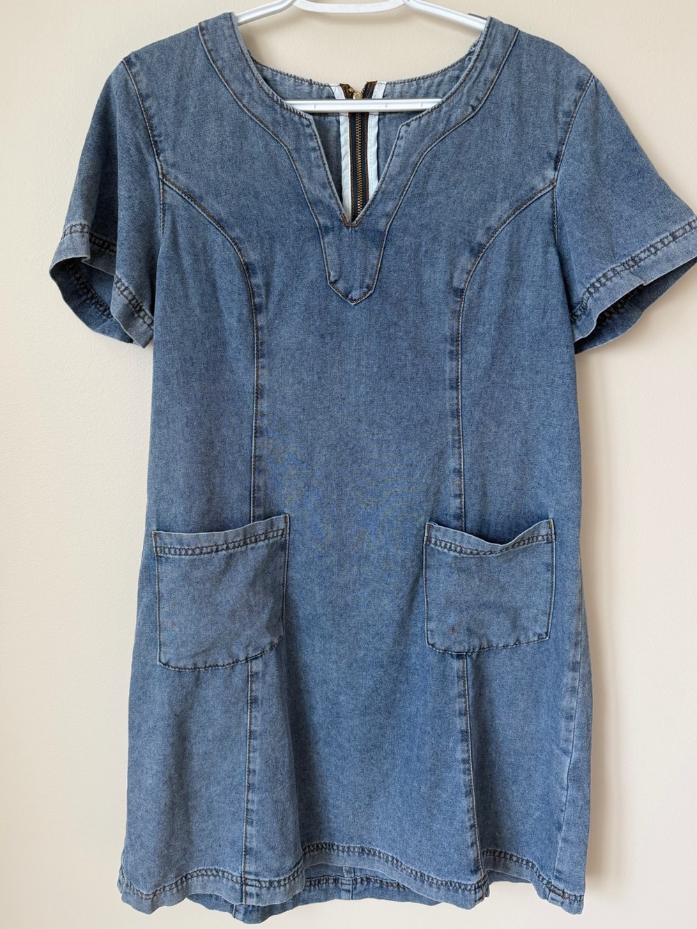 Denim Short Sleeve Pocket Dress - Blue M